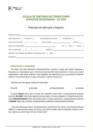 Escala de Sintomas de Transtorno Opositor Desafiador – ES-TOD APLICAÇÃO – PROTOCOLO – KIT COM 10 UNIDADES